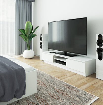 Meuble TV de 160 cm de large avec deux portes et deux étagères ouvertes, meuble TV moderne, lowboard, salon chambre