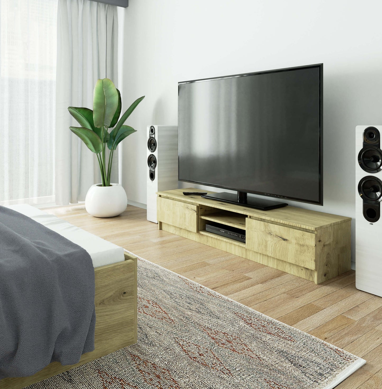 Meuble TV de 160 cm de large avec deux portes et deux étagères ouvertes, meuble TV moderne, lowboard, salon chambre