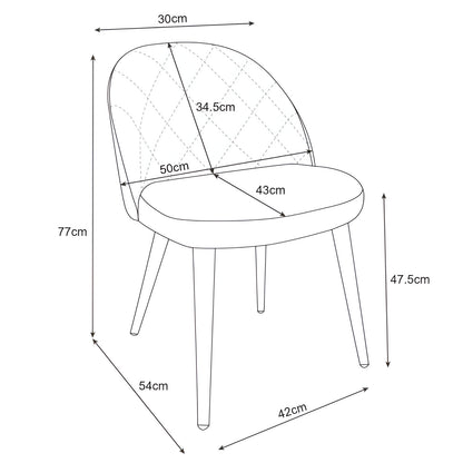 Ensemble de 2 chaises de salle à manger, chaises de salon, velours avec pieds en métal, élégamment matelassées, chaises rembourrées 2x avec pieds noirs