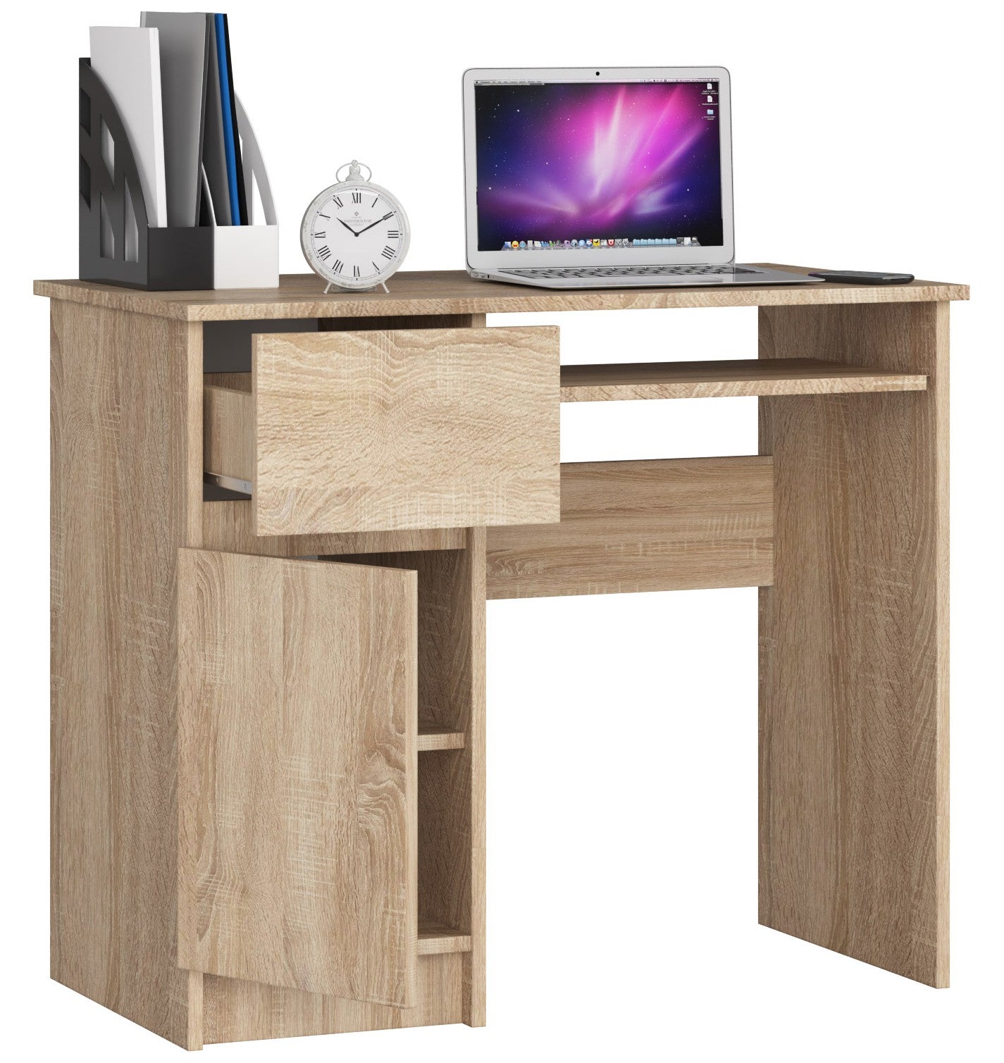 Table d'ordinateur, table de bureau, avec 1 tiroir et 2 étagères et une étagère clavier extractible, 90 x 50 x 77 cm, plateau en stratifié résistant à l'abrasion avec bord ABS, compartiments à droite ou à gauche