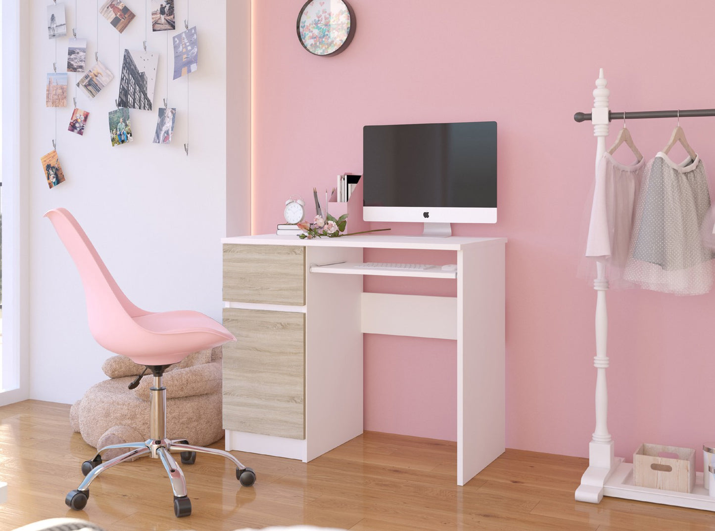 Table d'ordinateur, table de bureau, avec 1 tiroir et 2 étagères et une étagère clavier extractible, 90 x 50 x 77 cm, plateau en stratifié résistant à l'abrasion avec bord ABS, compartiments à droite ou à gauche