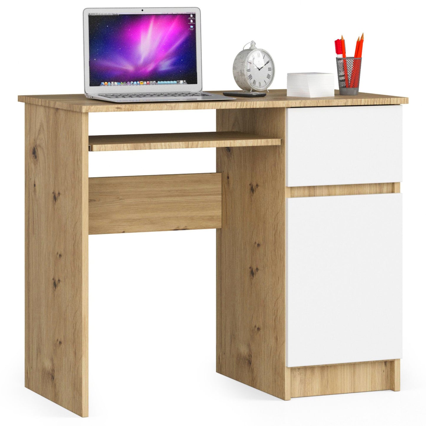 Table d'ordinateur, table de bureau, avec 1 tiroir et 2 étagères et une étagère clavier extractible, 90 x 50 x 77 cm, plateau en stratifié résistant à l'abrasion avec bord ABS, compartiments à droite ou à gauche