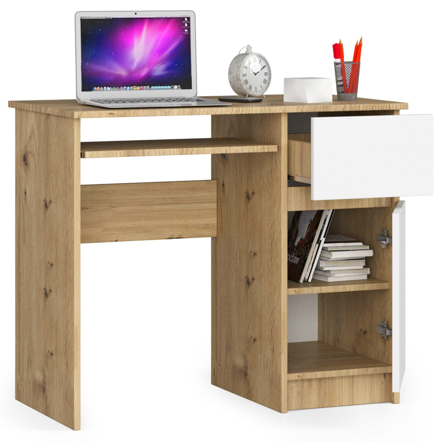 Table d'ordinateur, table de bureau, avec 1 tiroir et 2 étagères et une étagère clavier extractible, 90 x 50 x 77 cm, plateau en stratifié résistant à l'abrasion avec bord ABS, compartiments à droite ou à gauche