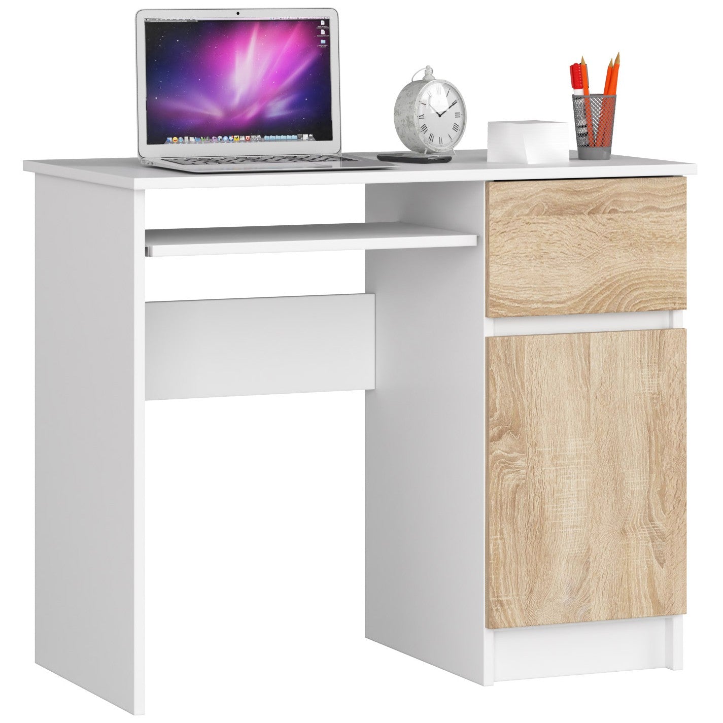 Table d'ordinateur, table de bureau, avec 1 tiroir et 2 étagères et une étagère clavier extractible, 90 x 50 x 77 cm, plateau en stratifié résistant à l'abrasion avec bord ABS, compartiments à droite ou à gauche