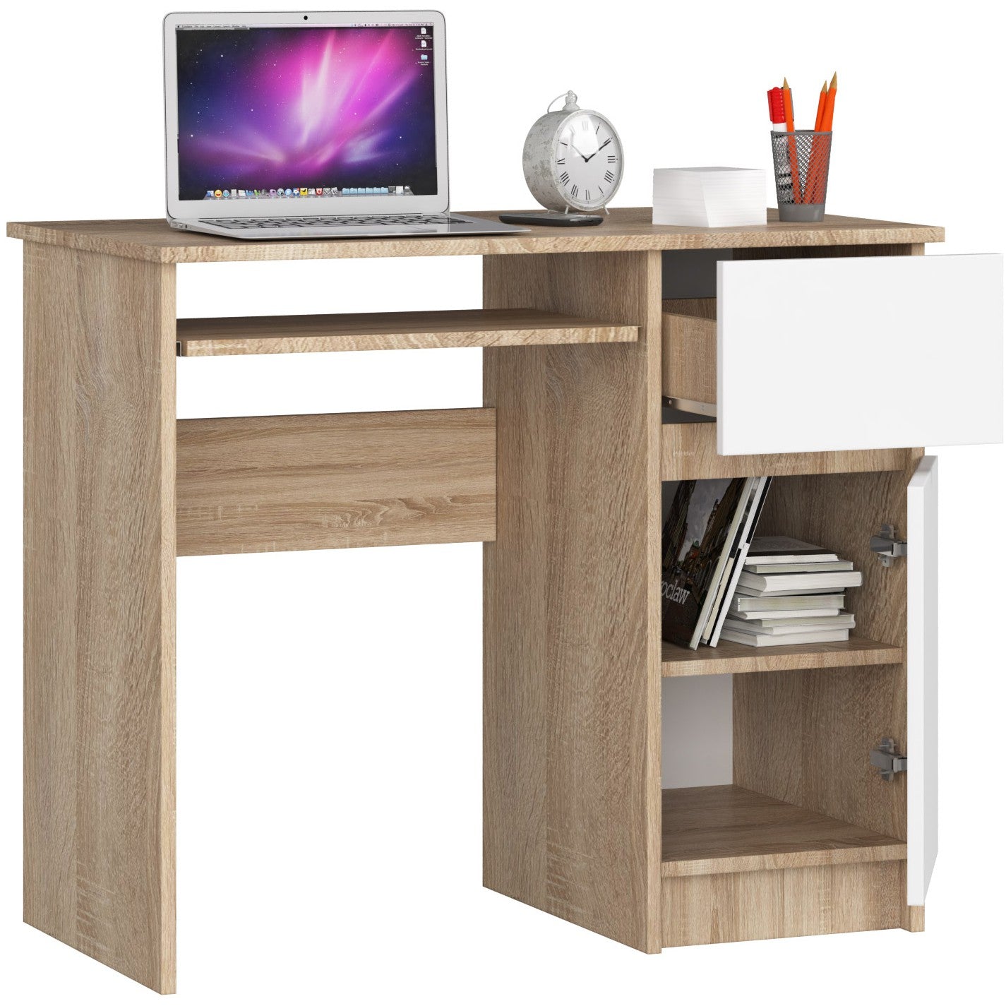 Table d'ordinateur, table de bureau, avec 1 tiroir et 2 étagères et une étagère clavier extractible, 90 x 50 x 77 cm, plateau en stratifié résistant à l'abrasion avec bord ABS, compartiments à droite ou à gauche