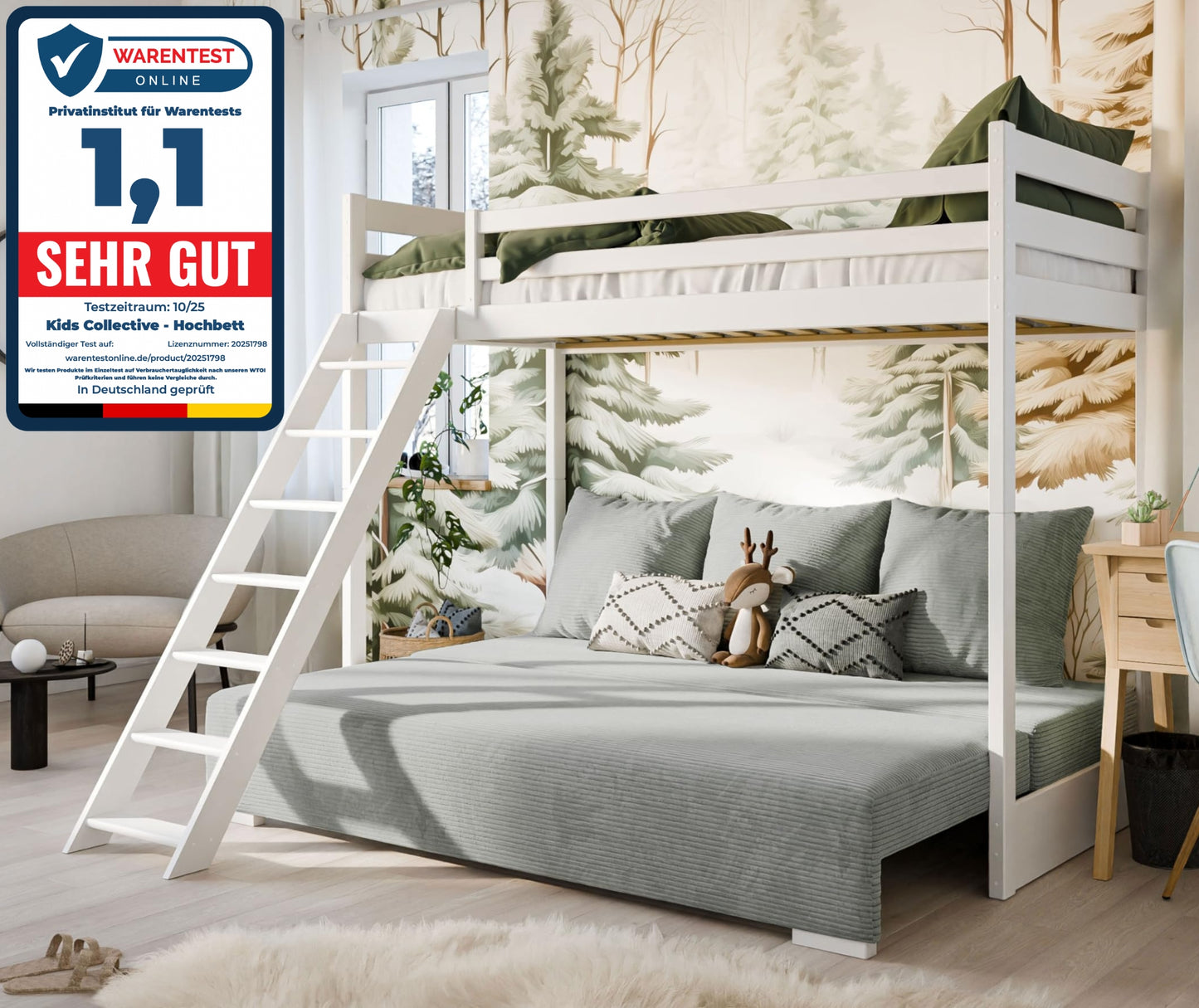 Hochbett 90x200 cm weiß mit Schlafsofa 140x200 cm Couch in Cord-Stoff OEKO-TEX 100 mit 3 Kissen, Etagenbett Stockbett 200x90 mit Leiter und Schlafcouch 200x140