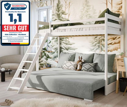 Hochbett 90x200 cm weiß mit Schlafsofa 140x200 cm Couch in Cord-Stoff OEKO-TEX 100 mit 3 Kissen, Etagenbett Stockbett 200x90 mit Leiter und Schlafcouch 200x140