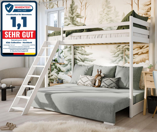 Hochbett 90x200 cm weiß mit Schlafsofa 140x200 cm Couch in Cord-Stoff OEKO-TEX 100 mit 3 Kissen, Etagenbett Stockbett 200x90 mit Leiter und Schlafcouch 200x140