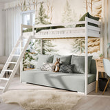 Hochbett 90x200 cm weiß mit Schlafsofa 140x200 cm Couch in Cord-Stoff OEKO-TEX 100 mit 3 Kissen, Etagenbett Stockbett 200x90 mit Leiter und Schlafcouch 200x140