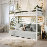 Hochbett 90x200 cm weiß mit Schlafsofa 140x200 cm Couch in Cord-Stoff OEKO-TEX 100 mit 3 Kissen, Etagenbett Stockbett 200x90 mit Leiter und Schlafcouch 200x140