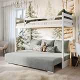 Hochbett 90x200 cm weiß mit Schlafsofa 140x200 cm Couch in Cord-Stoff OEKO-TEX 100 mit 3 Kissen, Etagenbett Stockbett 200x90 mit Leiter und Schlafcouch 200x140