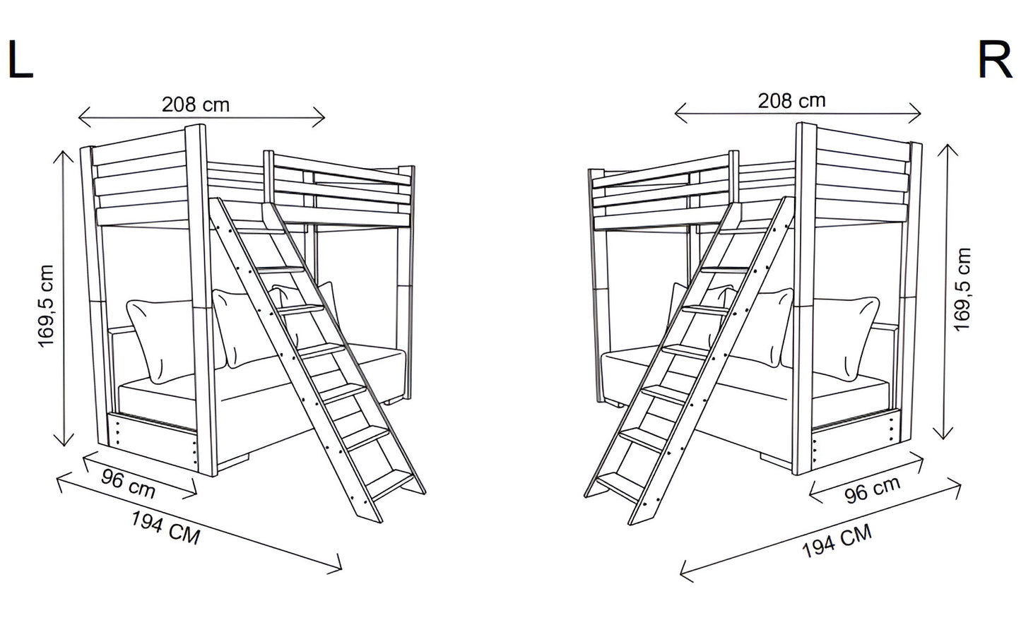 Lit mezzanine 90x200 cm blanc avec canapé lit 140x200 cm canapé en tissu corde vert sauge-bleu OEKO-TEX 100 avec 3 oreillers, lit superposé lit superposé 200x90 avec échelle et canapé lit 200x140