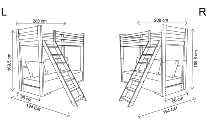 Lit mezzanine 90x200 cm blanc avec canapé lit 140x200 cm canapé en tissu corde vert sauge-bleu OEKO-TEX 100 avec 3 oreillers, lit superposé lit superposé 200x90 avec échelle et canapé lit 200x140