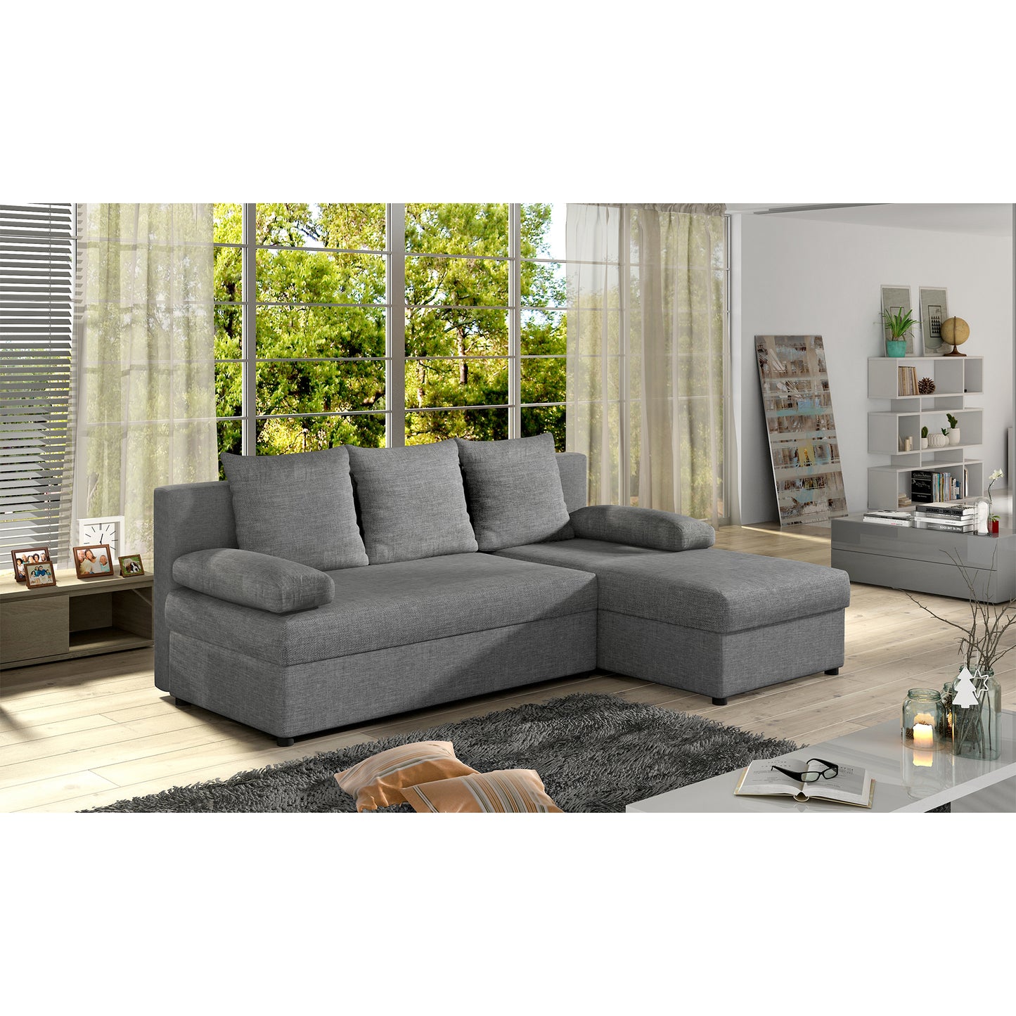 Canapé d'angle avec fonction couchage Canapé d'angle méridienne d'angle montable des deux côtés avec 5 coussins décoratifs, largeur totale 206 cm transformable en lit double