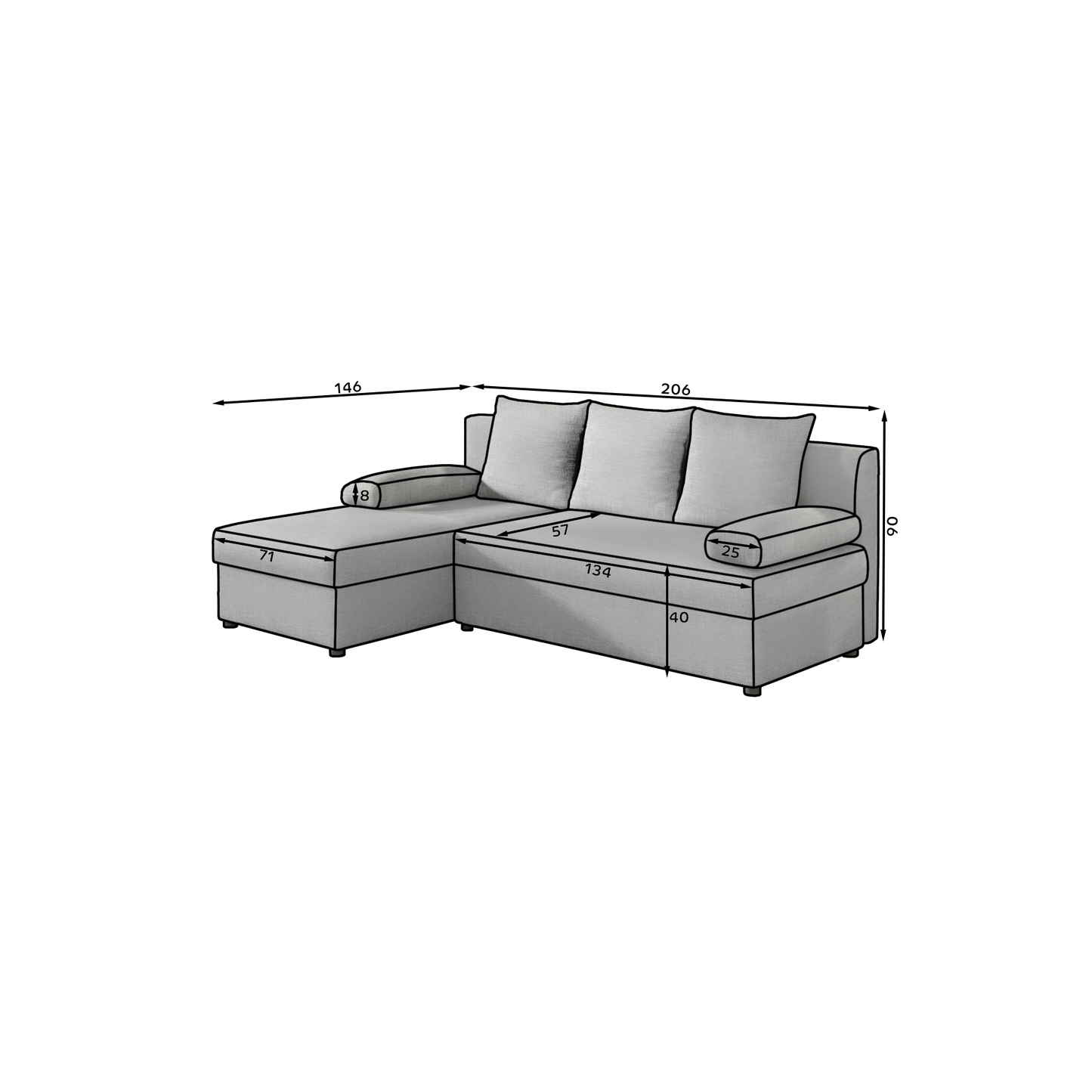 Ecksofa mit Schlaffunktion Eck-Sofa Corner Recamiere beidseitig montierbar mit 5 Dekokissen, 206 cm Gesamtbreite umbaubar zum Doppelbett