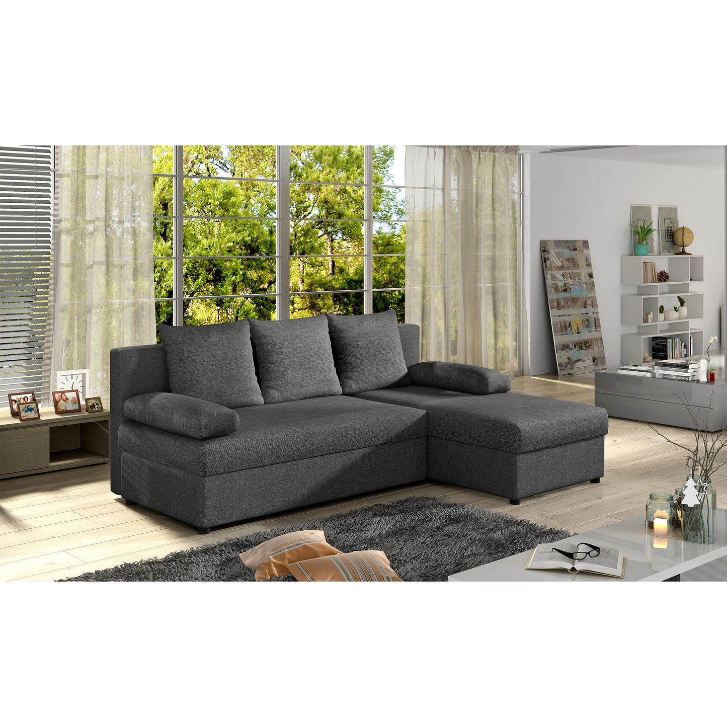 Canapé d'angle avec fonction couchage Canapé d'angle méridienne d'angle montable des deux côtés avec 5 coussins décoratifs, largeur totale 206 cm transformable en lit double