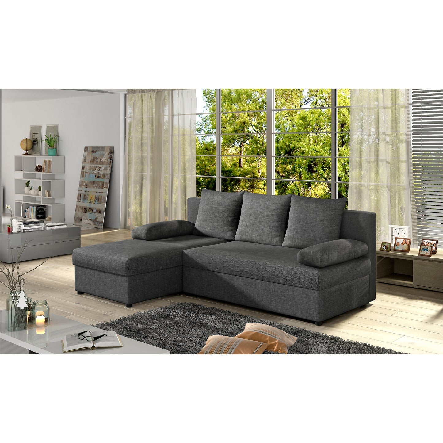 Ecksofa mit Schlaffunktion Eck-Sofa Corner Recamiere beidseitig montierbar mit 5 Dekokissen, 206 cm Gesamtbreite umbaubar zum Doppelbett