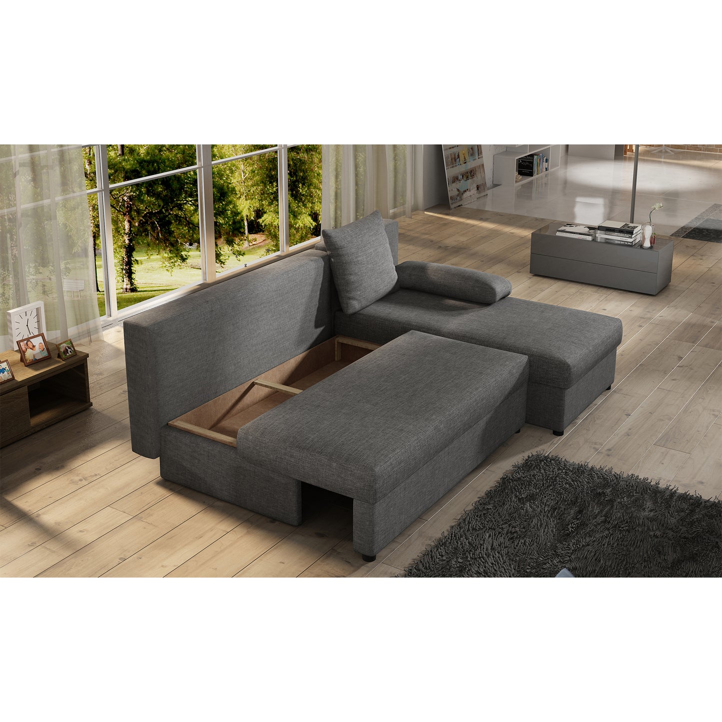 Canapé d'angle avec fonction couchage Canapé d'angle méridienne d'angle montable des deux côtés avec 5 coussins décoratifs, largeur totale 206 cm transformable en lit double