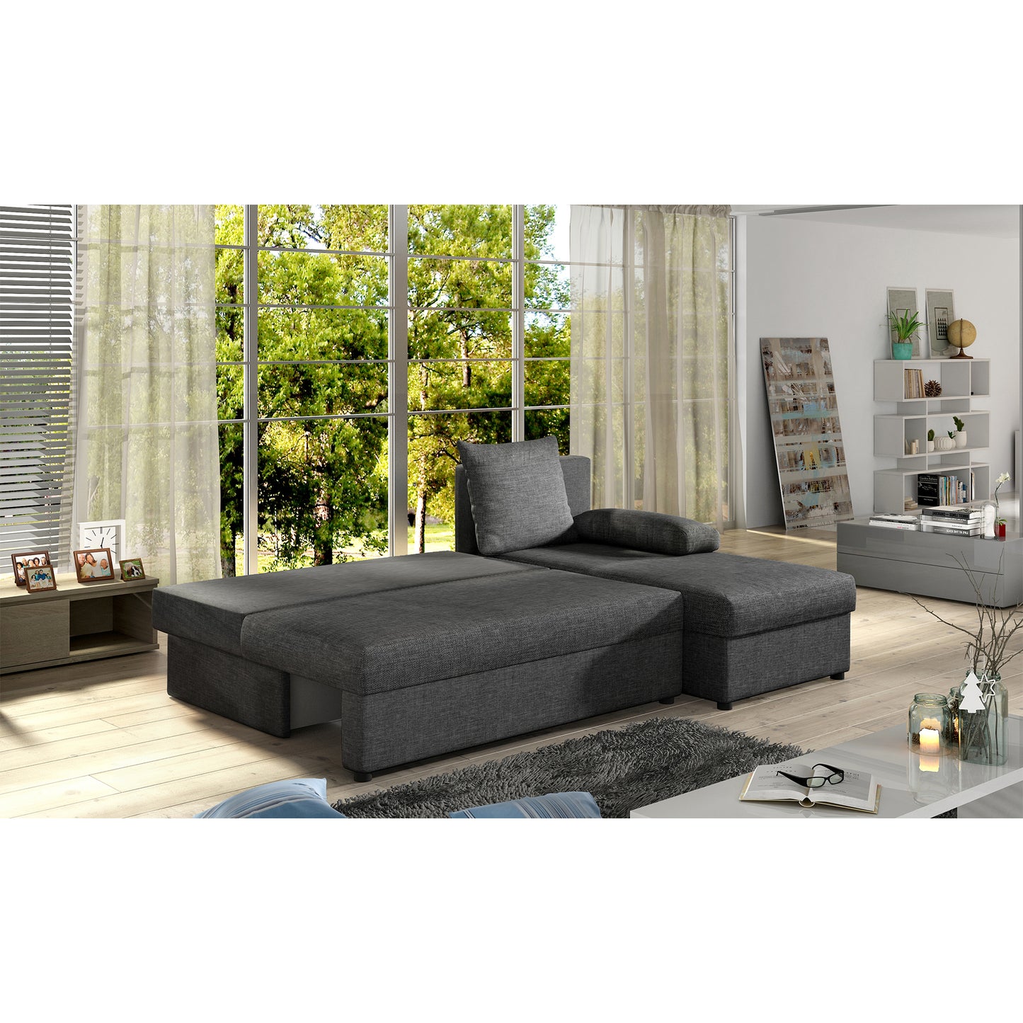 Canapé d'angle avec fonction couchage Canapé d'angle méridienne d'angle montable des deux côtés avec 5 coussins décoratifs, largeur totale 206 cm transformable en lit double