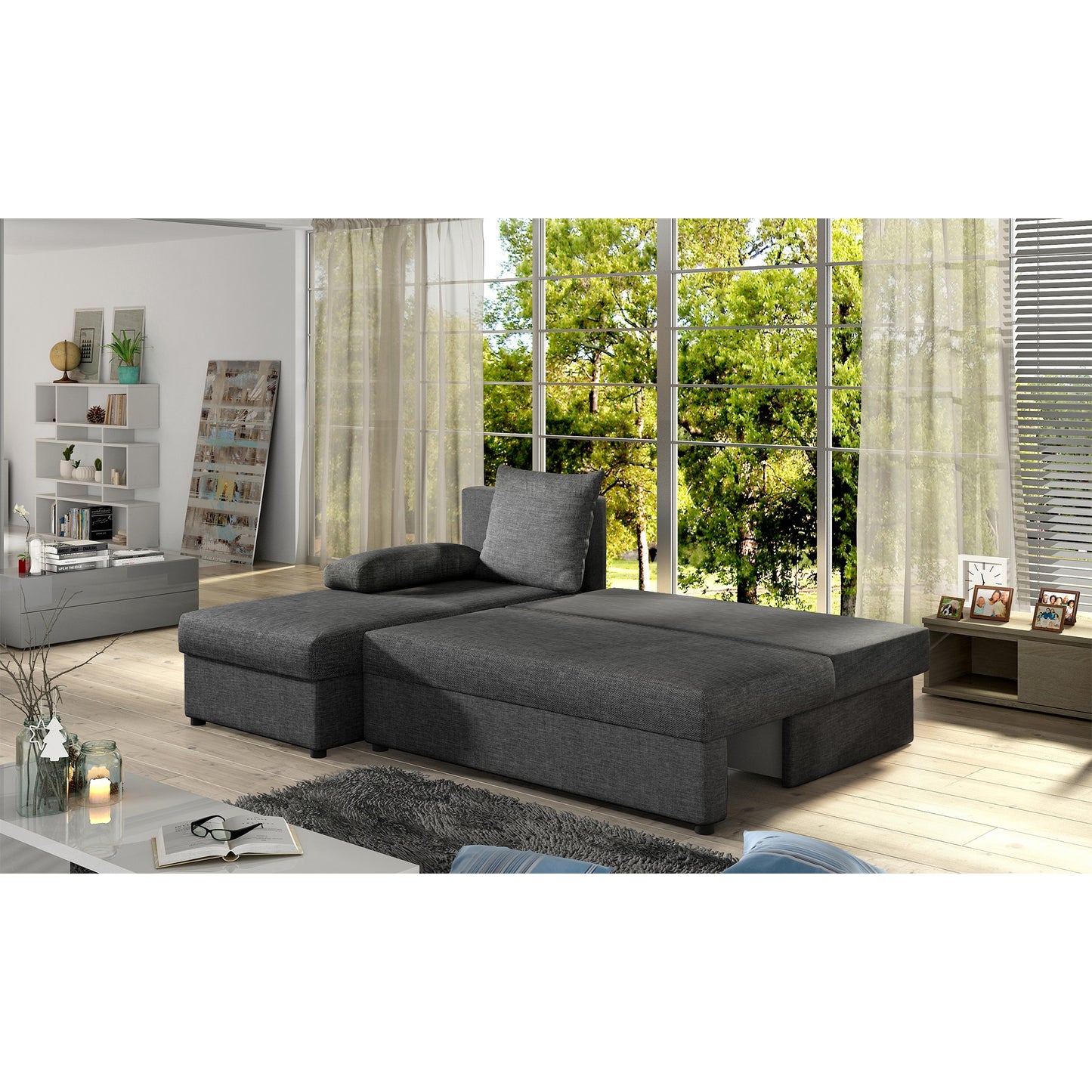 Ecksofa mit Schlaffunktion Eck-Sofa Corner Recamiere beidseitig montierbar mit 5 Dekokissen, 206 cm Gesamtbreite umbaubar zum Doppelbett