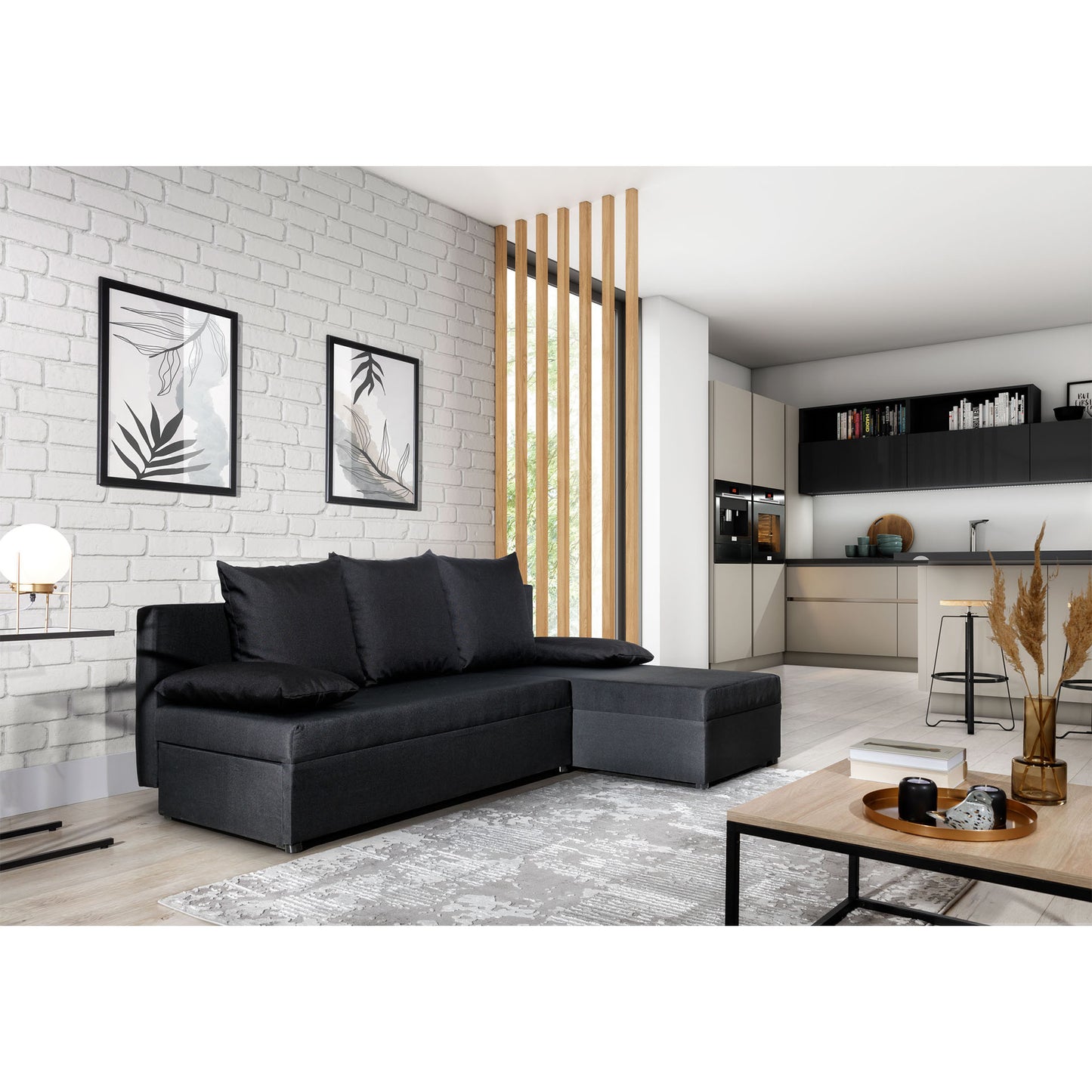 Ecksofa mit Schlaffunktion Eck-Sofa Corner Recamiere beidseitig montierbar mit 5 Dekokissen, 206 cm Gesamtbreite umbaubar zum Doppelbett