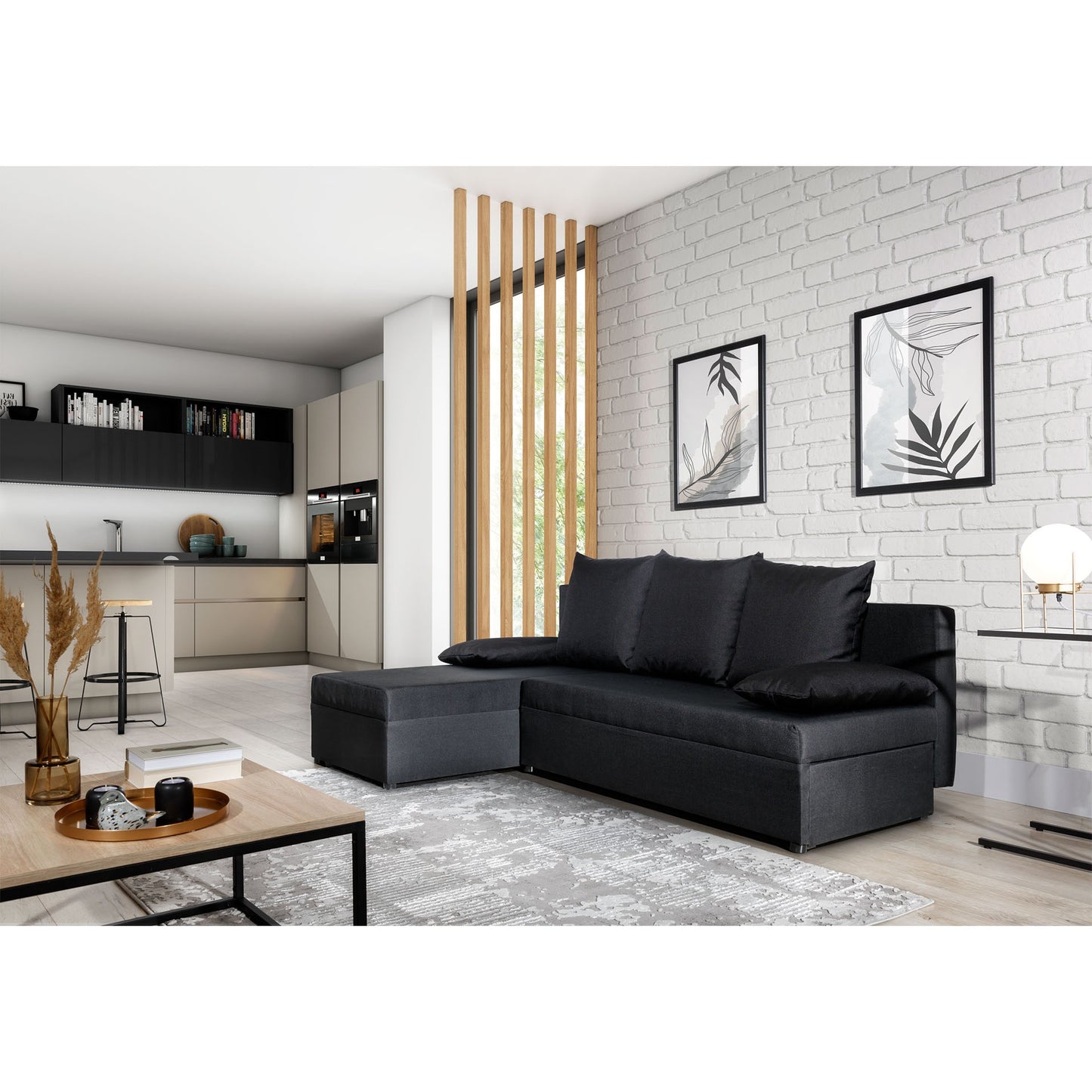 Canapé d'angle avec fonction couchage Canapé d'angle méridienne d'angle montable des deux côtés avec 5 coussins décoratifs, largeur totale 206 cm transformable en lit double