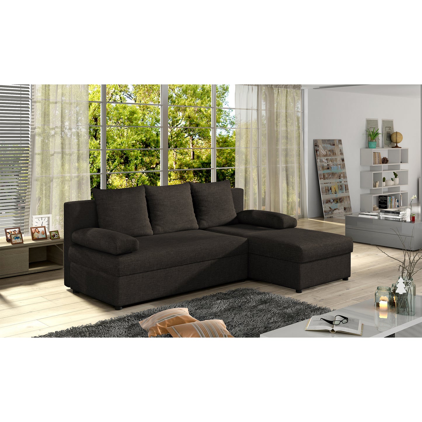 Ecksofa mit Schlaffunktion Eck-Sofa Corner Recamiere beidseitig montierbar mit 5 Dekokissen, 206 cm Gesamtbreite umbaubar zum Doppelbett