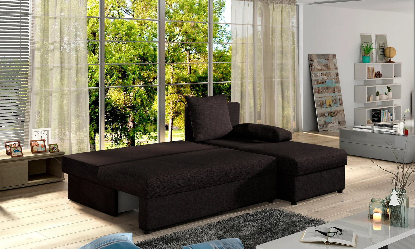 Ecksofa mit Schlaffunktion Eck-Sofa Corner Recamiere beidseitig montierbar mit 5 Dekokissen, 206 cm Gesamtbreite umbaubar zum Doppelbett