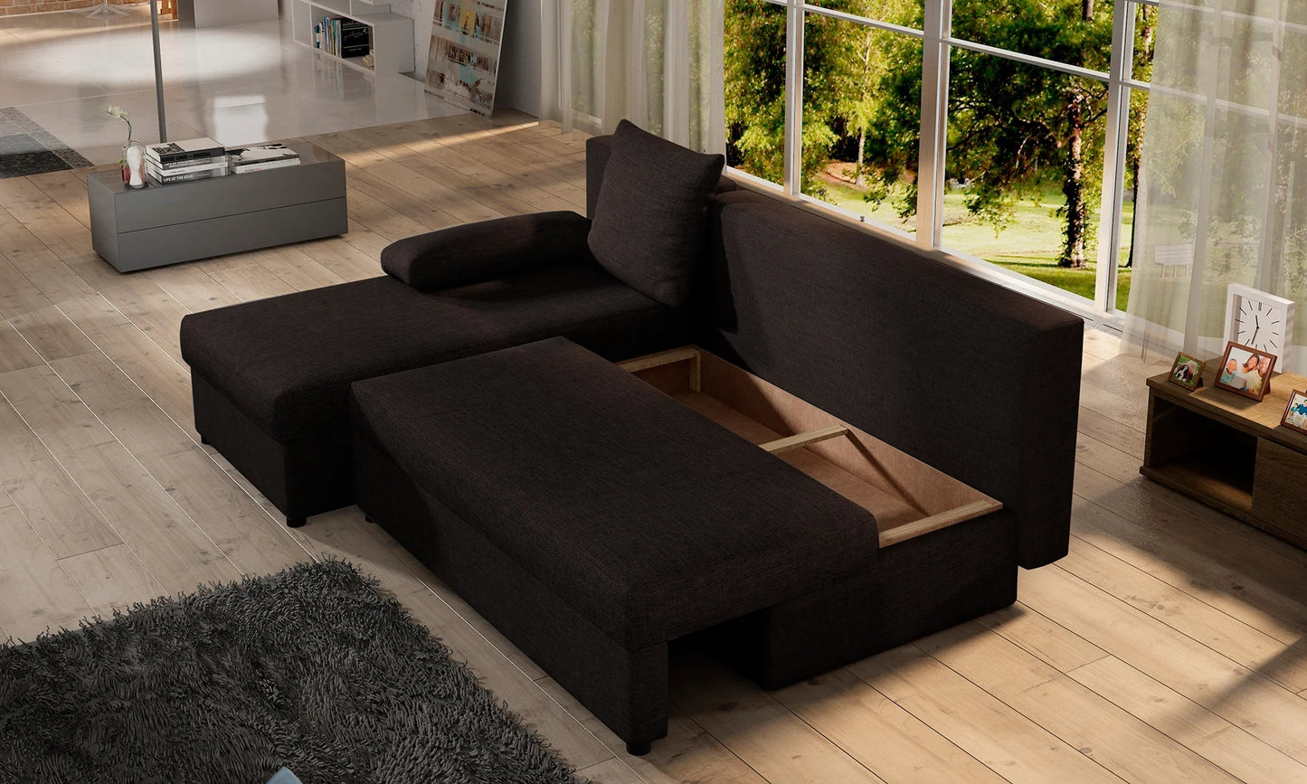 Ecksofa mit Schlaffunktion Eck-Sofa Corner Recamiere beidseitig montierbar mit 5 Dekokissen, 206 cm Gesamtbreite umbaubar zum Doppelbett