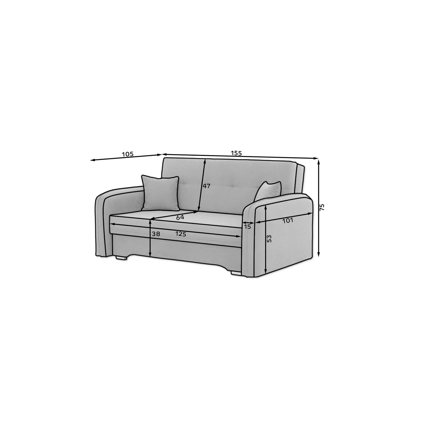 2-Sitzer Sofa Dreisitzer Schlafsofa, 2er Sofa mit 2 Dekokissen und Stauraum umbaubar zum Doppelbett