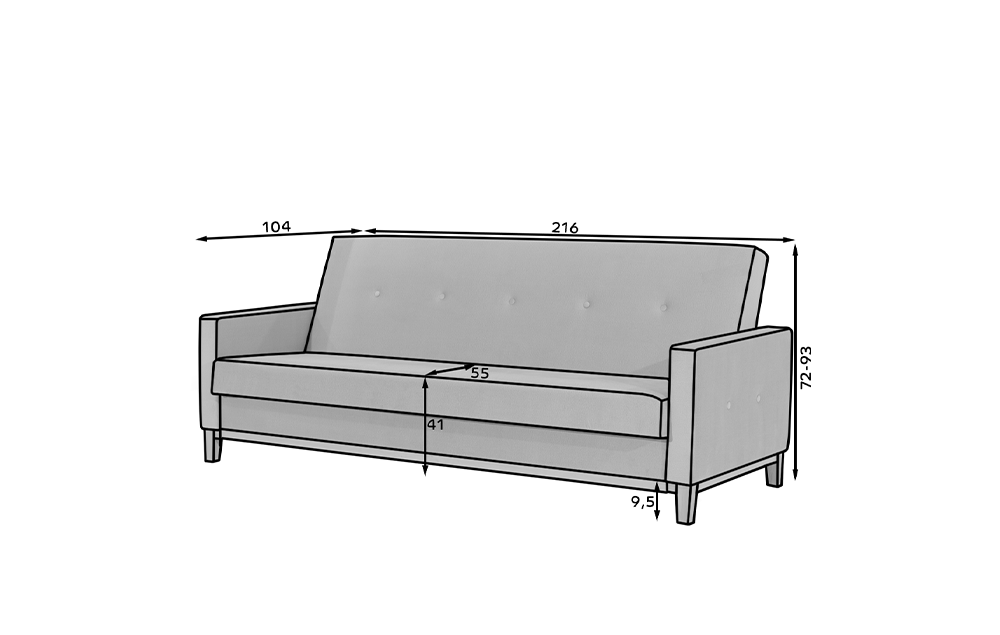 3-Sitzer Sofa Dreisitzer Schlafsofa, 3er Sofa mit Holzbeinen und Gestell aus Buchenholz umbaubar zum Doppelbett