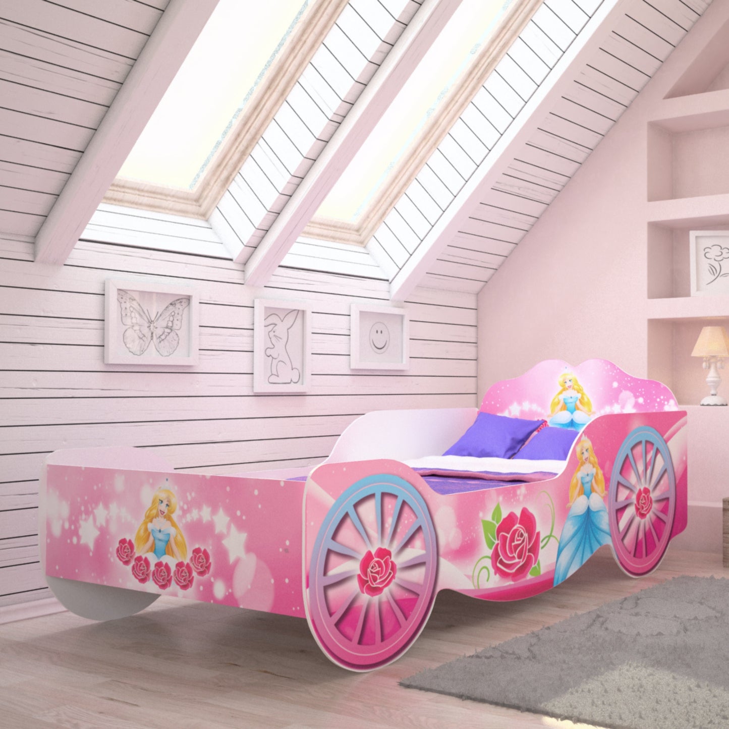 Kutsche Kinderbett Mädchenbett 70x140 | 80x160 mit Rausfallschutz Matratze optional | Prinzessin Kinder Spielbett