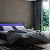 Polsterbett mit LED Beleuchtung Doppelbett 140x200 cm, Kunstlederbezug in schwarz mit Lattenrost aus Metall und Stauraum mit hydraulischem Bettkasten 200x140