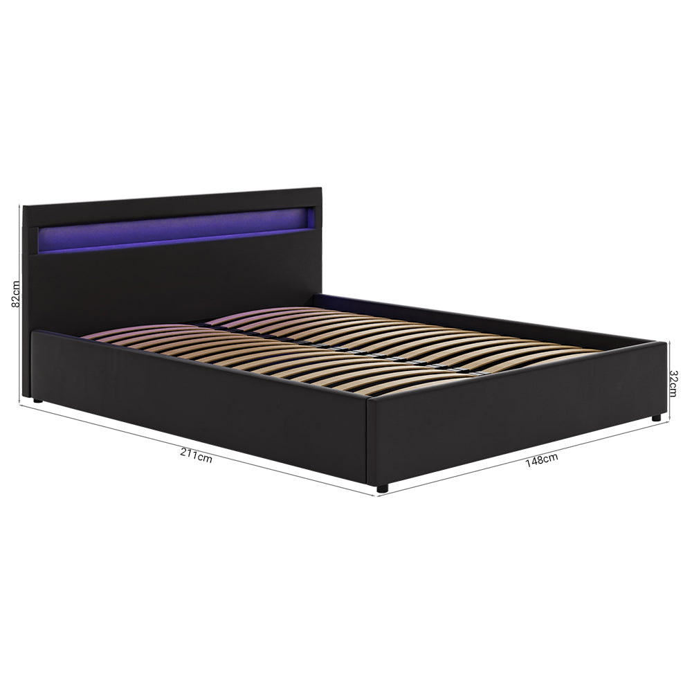 Lit rembourré avec éclairage LED Lit double 140x200 cm, revêtement en simili cuir noir avec sommier à lattes en métal et espace de rangement avec coffre de lit hydraulique 200x140