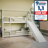 Hochbett mit Rutsche 90x200 cm, Hausbett, Etagenbett mit Rausfallschutz und Leiter, Bett Bed Bodenbett Jugendbett Spielbett für 2 Kinder, Kinderzimmer Sicherheit, Stabil Kiefer Holz massiv