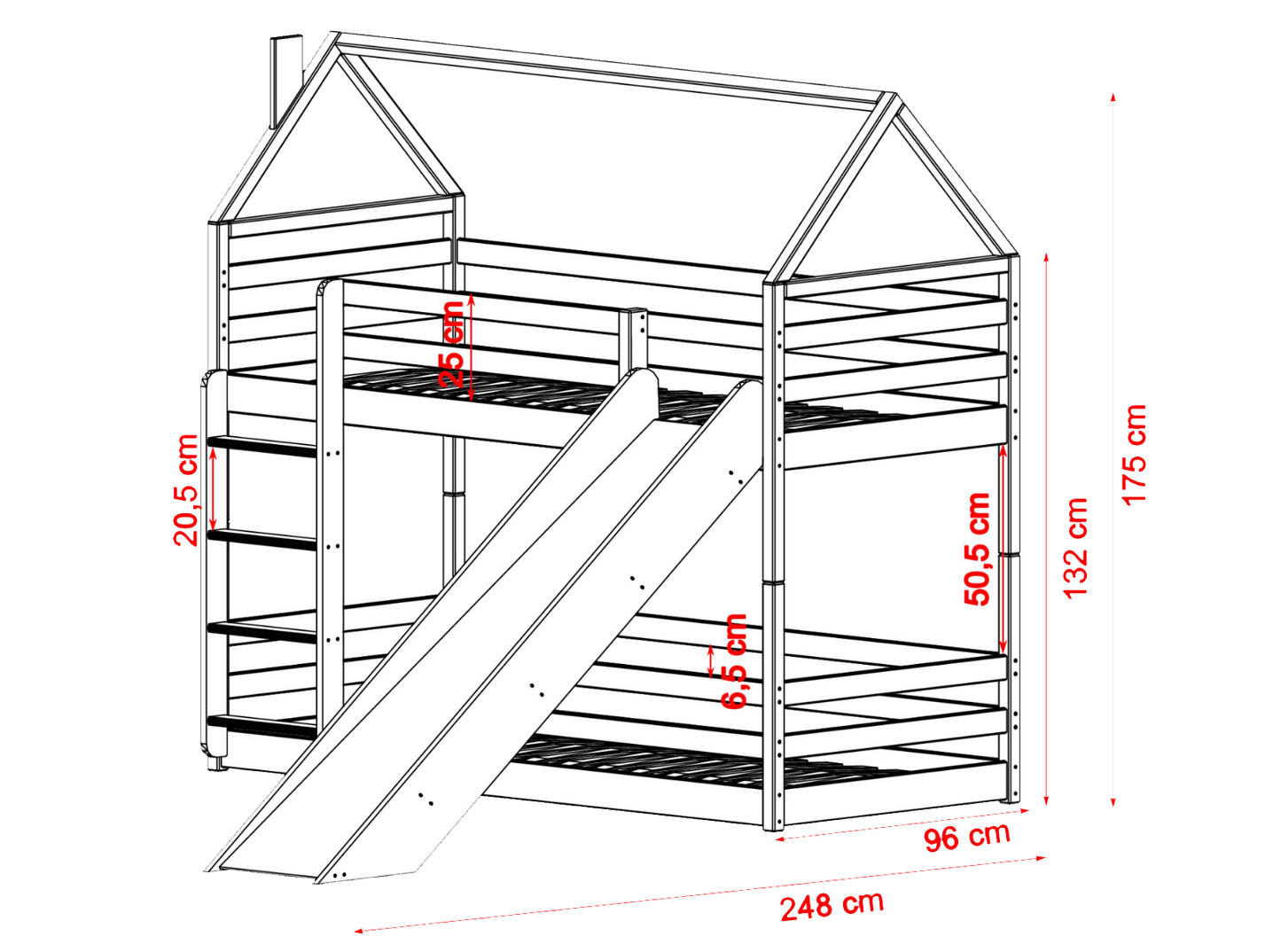 Lit mezzanine avec toboggan 90x200 cm, lit cabane, lit superposé avec protection antichute et échelle, lit au sol, lit d'adolescent, lit de jeu pour 2 enfants, sécurité chambre d'enfant, bois de pin massif stable