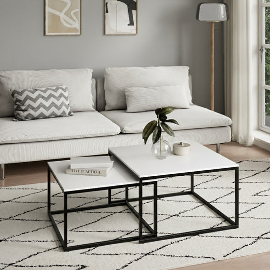 Couchtisch Groß 2er Set aus Holz, Wohnzimmertisch Modern, Beistelltisch Set 2 in 1 mit Metallgestell für Wohnzimmer Büro Beistelltisch Loft Design TWIN, kratzfeste Oberfläche