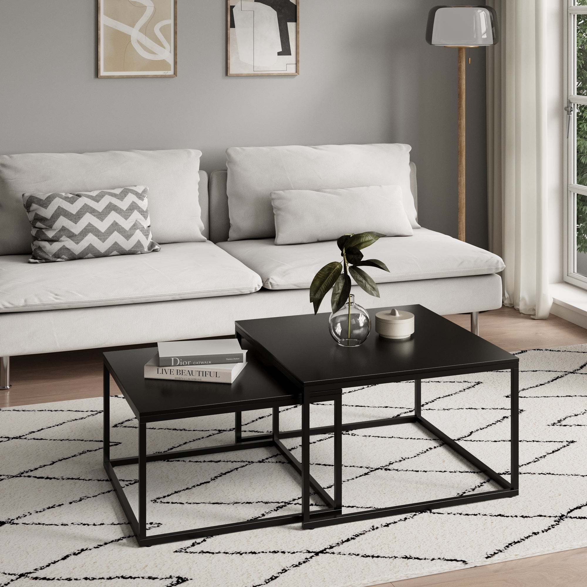 Lot de 2 tables basses carrées en bois, table de salon moderne, table d'appoint 2 en 1 avec structure en métal pour salon, bureau, table d'appoint design Loft TWIN, surface résistante aux rayures