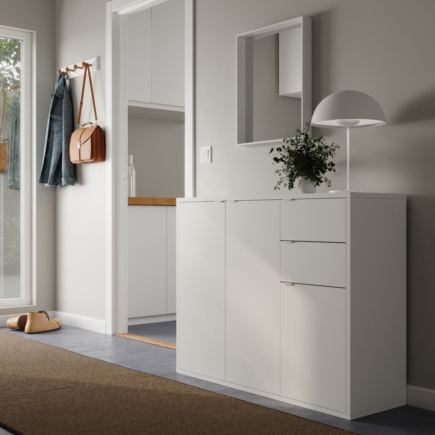 Commode avec tiroirs et portes, couloir, chambre à coucher, organisateur de salon | Buffet haut en bois blanc, meuble polyvalent, étroit