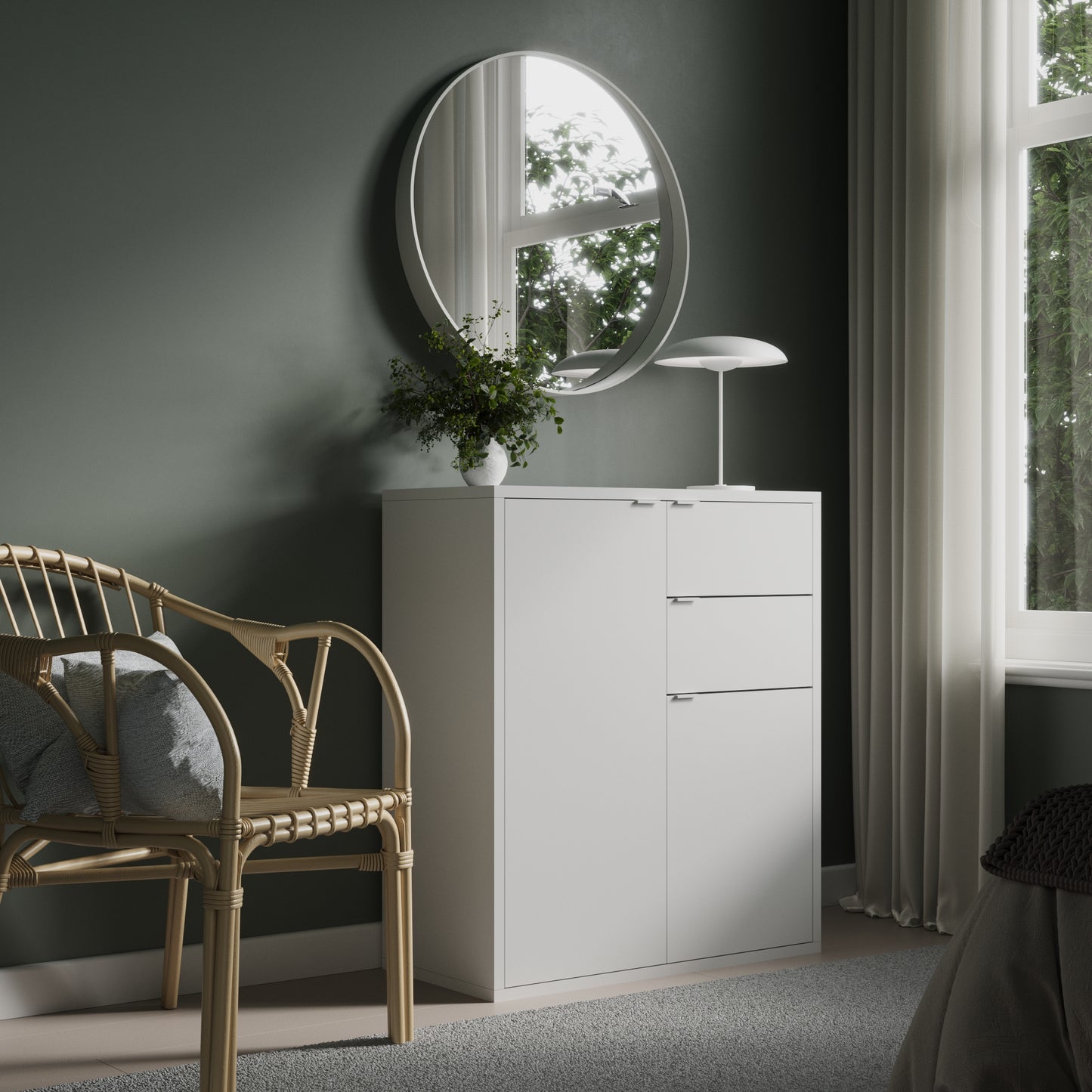 Commode avec tiroirs et portes, couloir, chambre à coucher, organisateur de salon | Buffet haut en bois blanc, meuble polyvalent, étroit