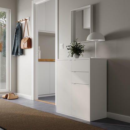 Commode avec tiroirs et portes, couloir, chambre à coucher, organisateur de salon | Buffet haut en bois blanc, meuble polyvalent, étroit