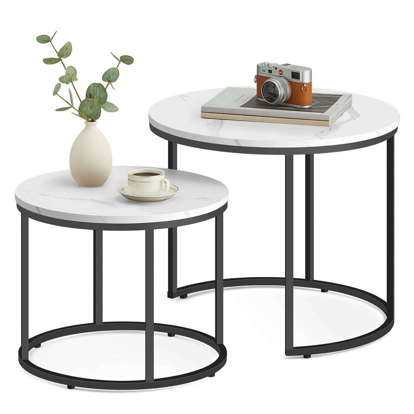 Table basse lot de 2 tables d'appoint rondes design loft 2 en 1 surface emboîtable résistante aux rayures, salon | 53cm et 43cm de large