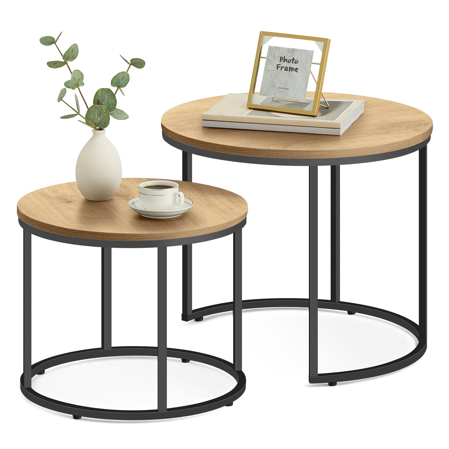 Table basse lot de 2 tables d'appoint rondes design loft 2 en 1 surface emboîtable résistante aux rayures, salon | 53cm et 43cm de large