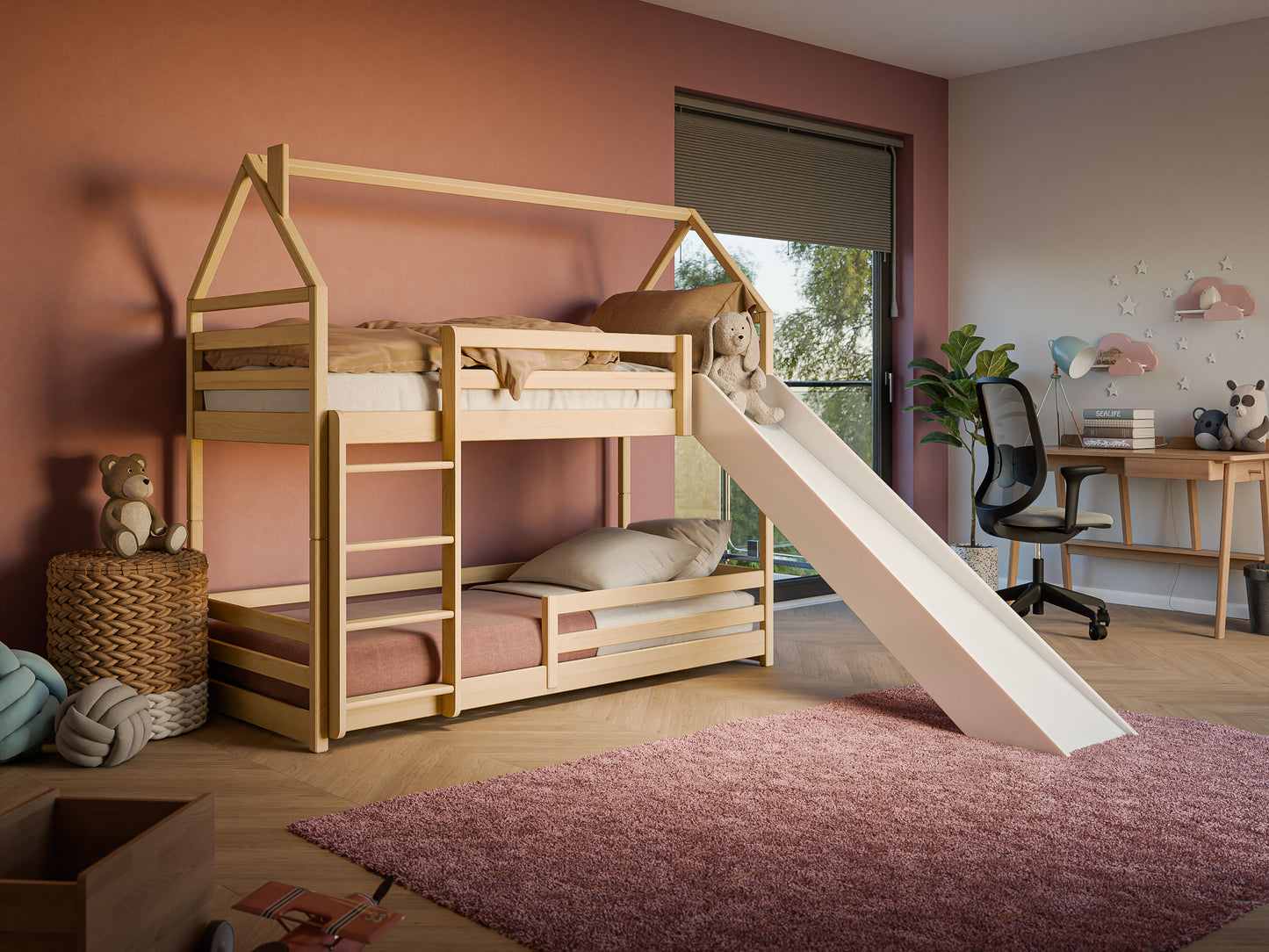 Hochbett mit Rutsche 90x200 cm, Hausbett, Etagenbett mit Rausfallschutz und Leiter, Bett Bed Bodenbett Jugendbett Spielbett für 2 Kinder, Kinderzimmer Sicherheit, Stabil Kiefer Holz massiv