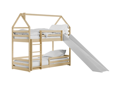 Hochbett mit Rutsche 90x200 cm, Hausbett, Etagenbett mit Rausfallschutz und Leiter, Bett Bed Bodenbett Jugendbett Spielbett für 2 Kinder, Kinderzimmer Sicherheit, Stabil Kiefer Holz massiv