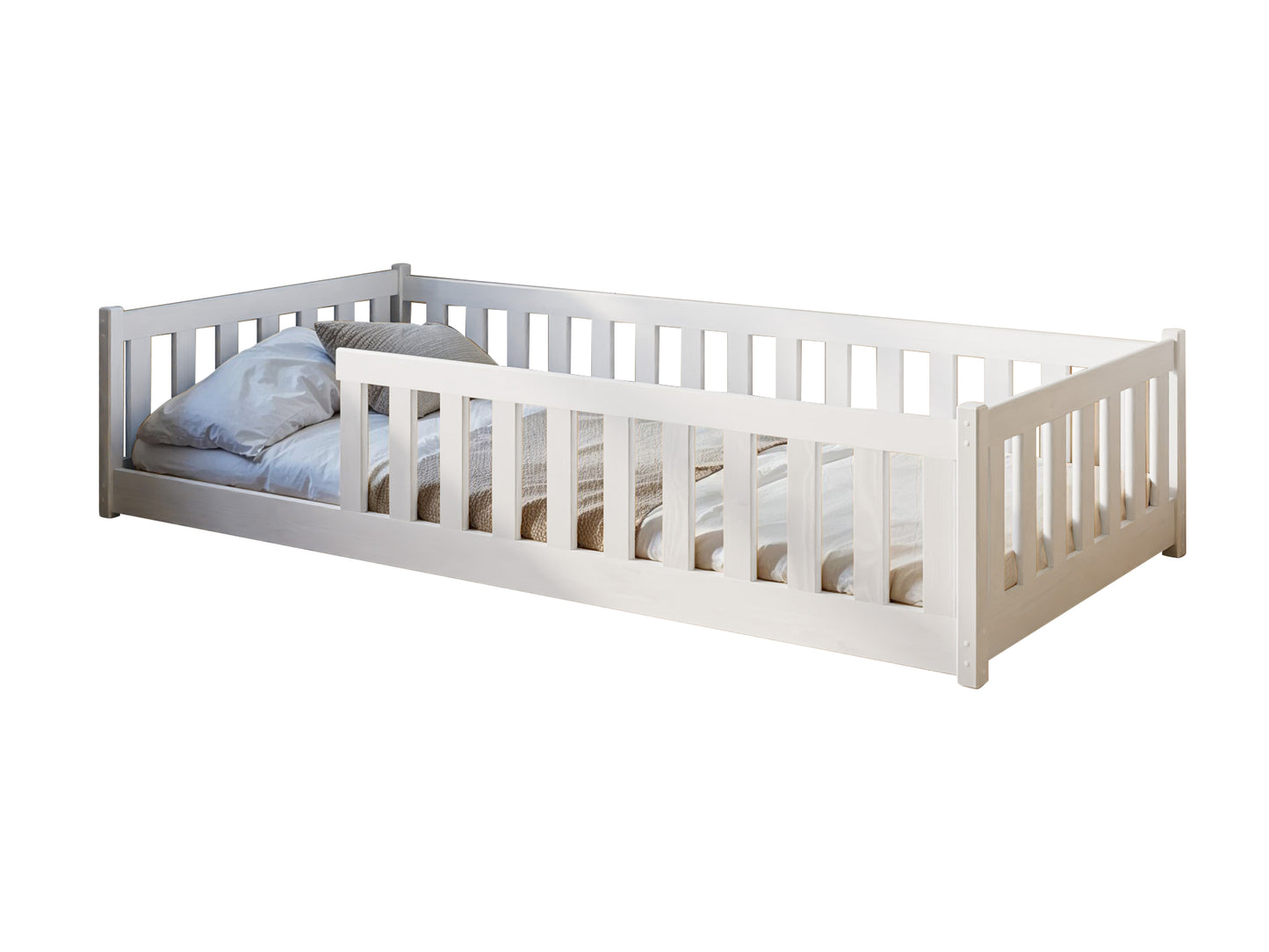 Lit enfant lit au sol 90x200 | 120x200 | Lit 140x200cm avec protection contre les chutes et sommier à lattes Lit Montessori Lit d'enfant Lit d'adolescent Lit simple en option avec matelas bois de pin blanc ou naturel massif garçon fille