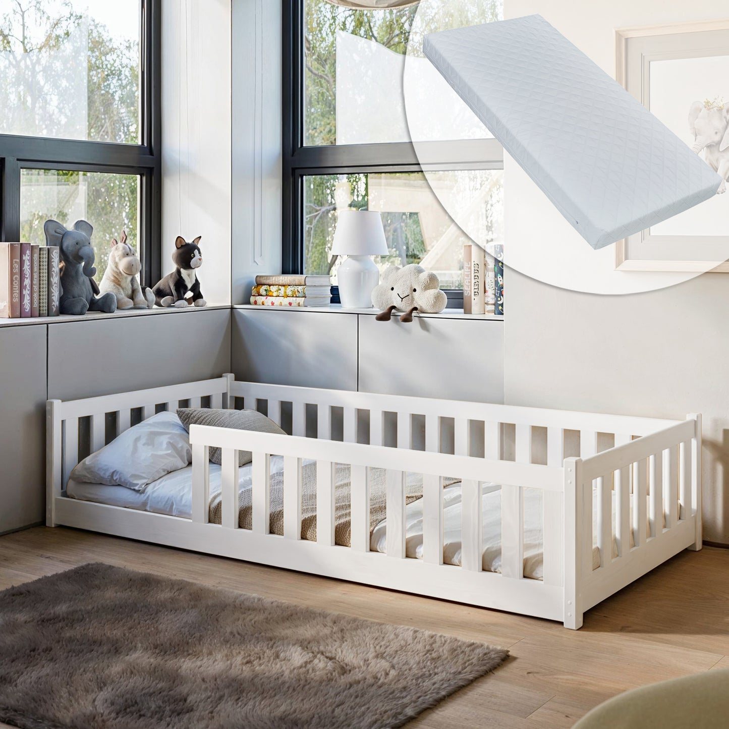 Kinderbett Bodenbett 90x200 | 120x200 | 140x200cm Bett mit Rausfallschutz & Lattenrost Montessori Bett Bed Gitterbett Kinder Jugendbett Einzelbett optional mit Matratze | weiß oder natur Kiefer Holz massiv Junge Mädchen