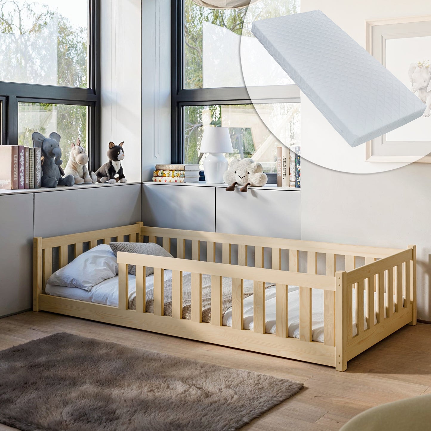 Lit enfant lit au sol 90x200 | 120x200 | Lit 140x200cm avec protection contre les chutes et sommier à lattes Lit Montessori Lit d'enfant Lit d'adolescent Lit simple en option avec matelas bois de pin blanc ou naturel massif garçon fille