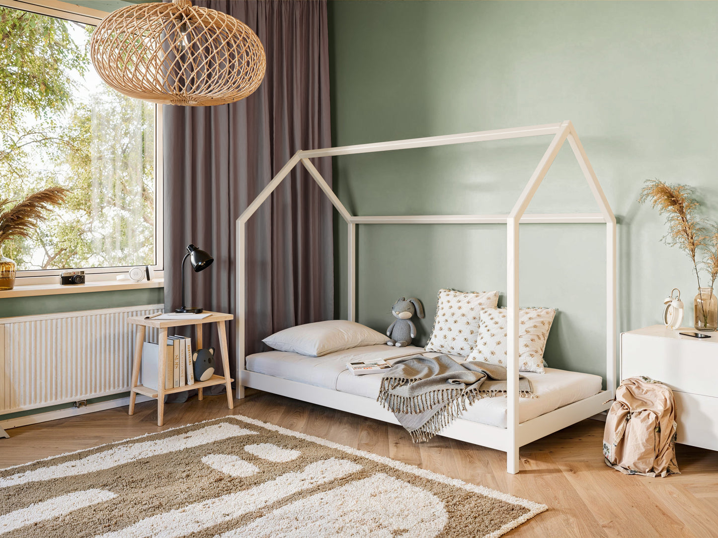 Hausbett Kinderbett 90x200 cm Bett mit Lattenrost Bed Kinder Jugendbett Einzelbett Spielbett Hausbett Himmel optional mit Matratze | weiß or natur Kiefer Holz massiv Junge Mädchen 200x90 cm