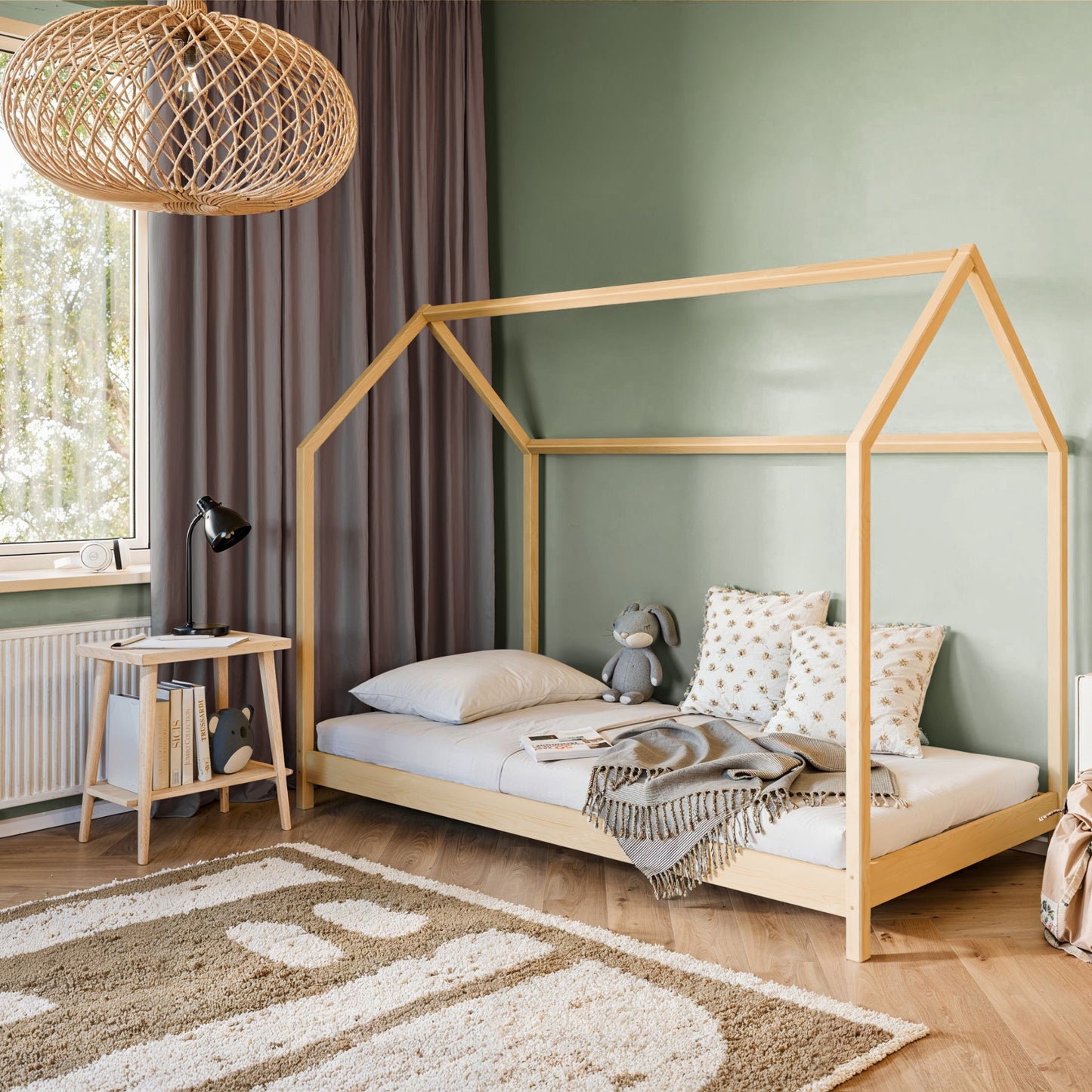 Hausbett Kinderbett 90x200 cm Bett mit Lattenrost Bed Kinder Jugendbett Einzelbett Spielbett Hausbett Himmel optional mit Matratze | weiß or natur Kiefer Holz massiv Junge Mädchen 200x90 cm